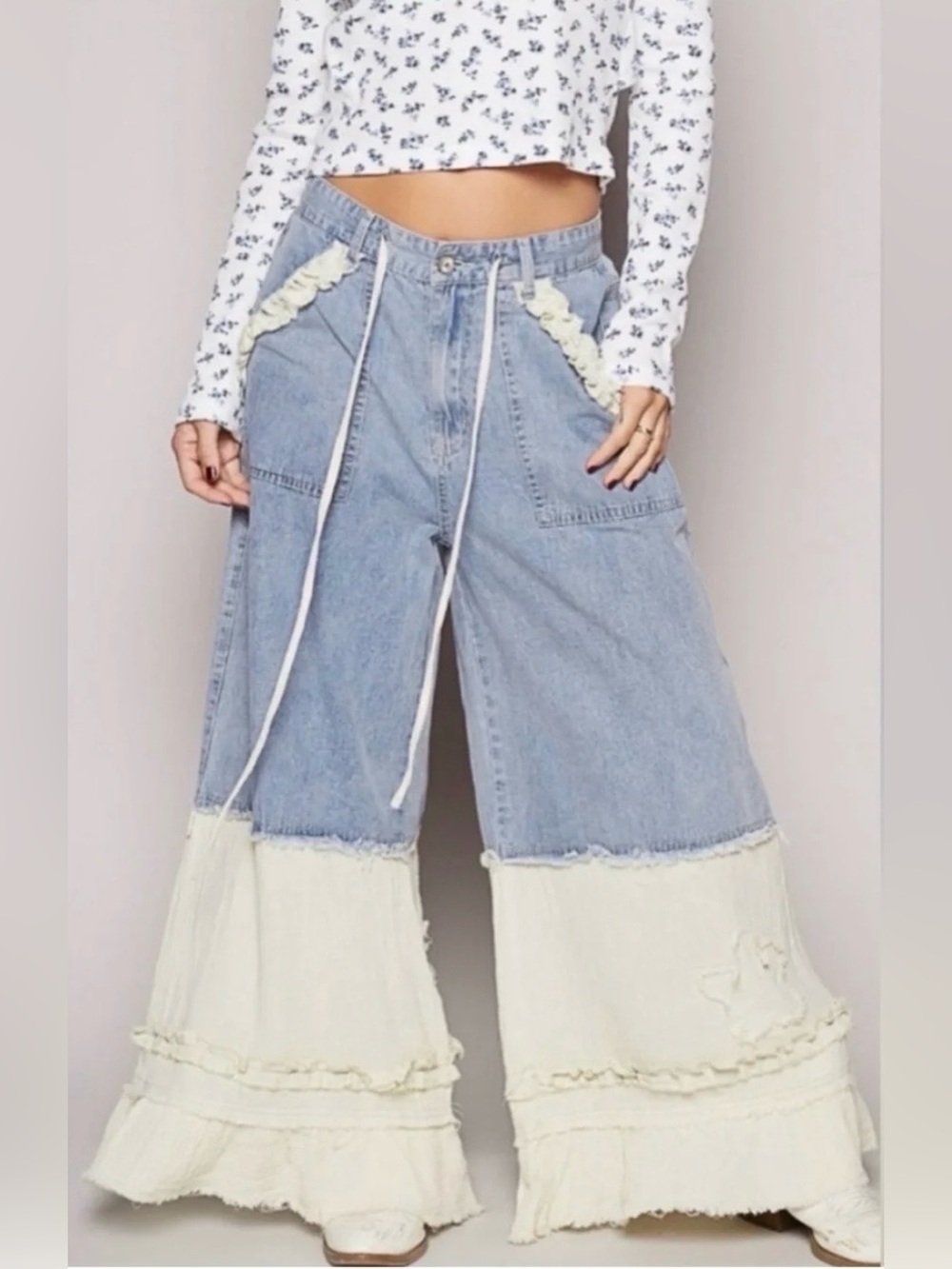 NWT POL Ruffle Hem Contrast Denim Wide Leg Jeans with Drawstring Waist